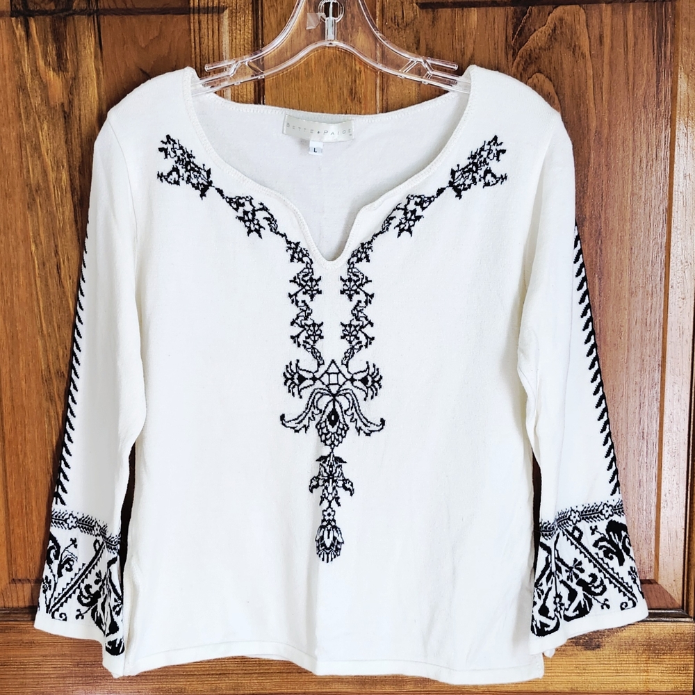 Bette Paige Embroidered Women's Sweater with Subtle Flair 3/4 Sleeve Women Large